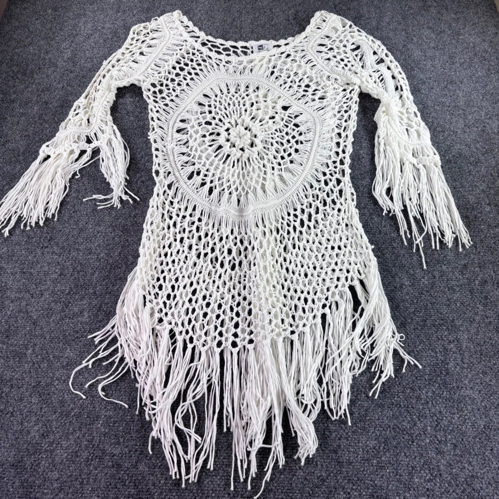 Mr. Buho Crochet Cover Up Womens OS White Fringe Mandala Boho Beach NWT